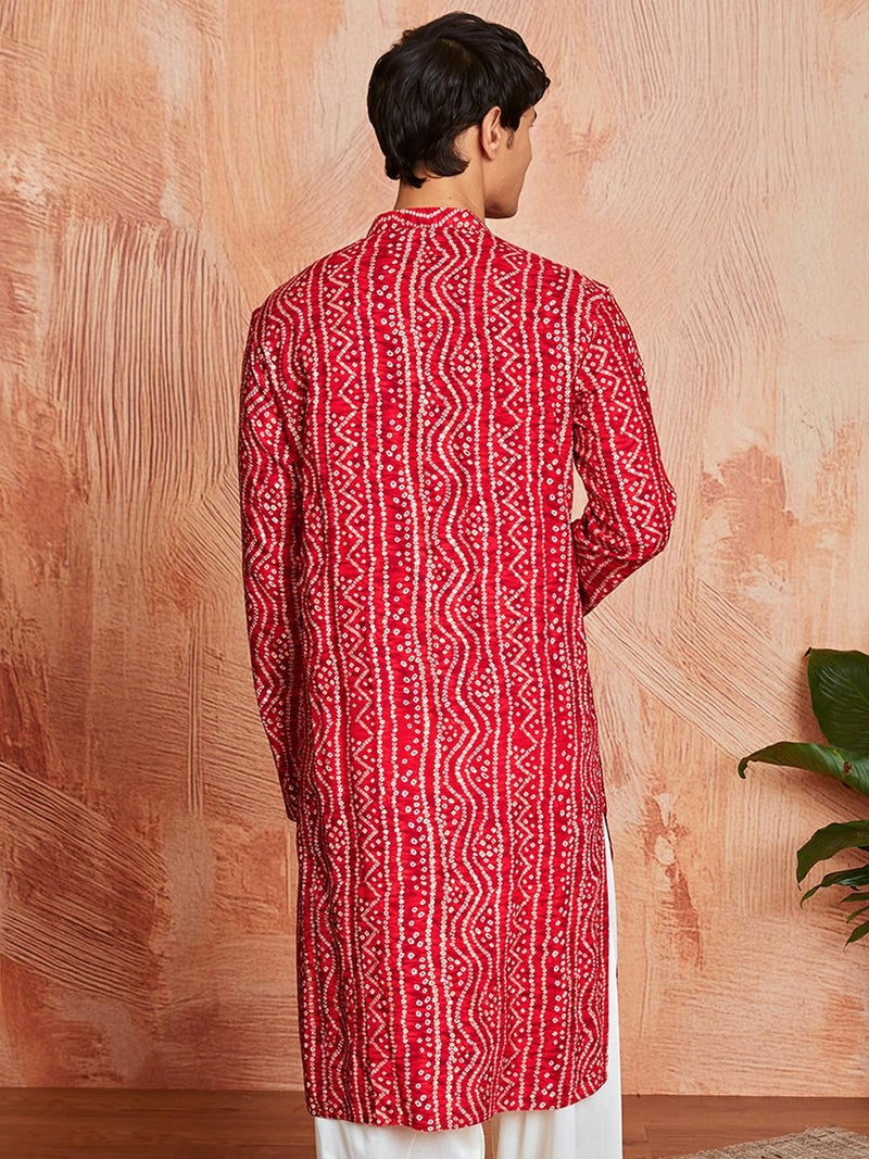 VASTRAMAY Men's Cotton Bandhani Printed Kurta – Stylish Ethnic Wear for Festive & Occasions Red - Image 4