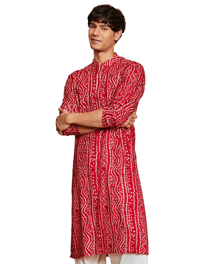 VASTRAMAY Men's Cotton Bandhani Printed Kurta – Stylish Ethnic Wear for Festive & Occasions Red - Image 1