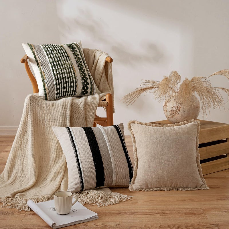 ANRODUO Pack of 2 Boho Decorative Throw Pillow Covers 18x18 Farmhouse Cushion Case Striped Chenille Pillow Cases Square Pillow Covers Accent Neutral Pillowcase for Sofa Couch Bed, Olive Green Stripe - Image 3