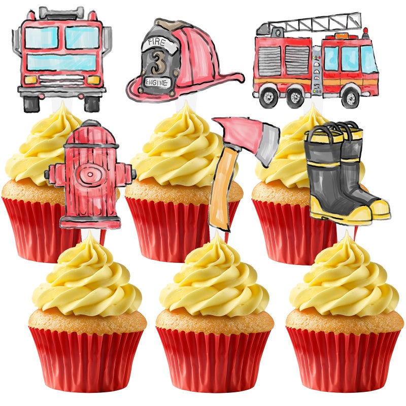 HaPiBiDesign 36 Pcs Firetruck Cupcake Toppers Fireman Party Decorations Perfect for Firetruck Birthday Fireman Baby Shower and Fire Truck Cake Decor - Image 3