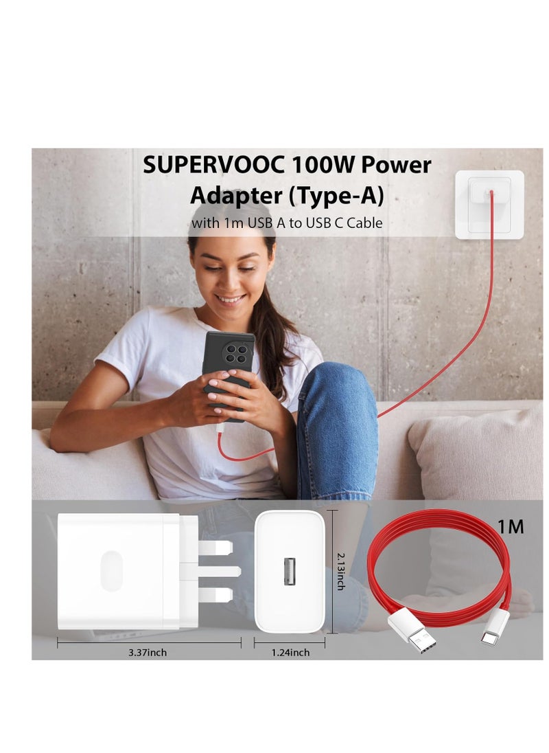 For OPPO SUPERVOOC 100W Power Adapter, Supervooc Charger USB Plug Charger Type-A Wall Charger Fast Charger w/ 1m USB A to USB C Cable for Oppo Find X5 Lite X8 X7 X6 X5 X4 X3 X2 Pro A79 A78 A77 A38 Reno 13 12 12F 11F 10 9 8 7 6 5 4