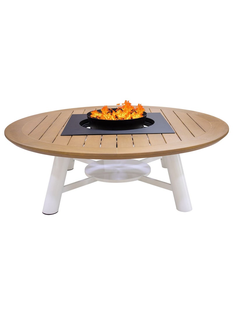 NABCO Round Wood-Burning Fire Pit Table for Patio – 160x160x52 cm, Outdoor Dining Table with Fire Pit Center, Sturdy for Backyard, Deck, or Garden, Natural Teak/Off White  - Image 1