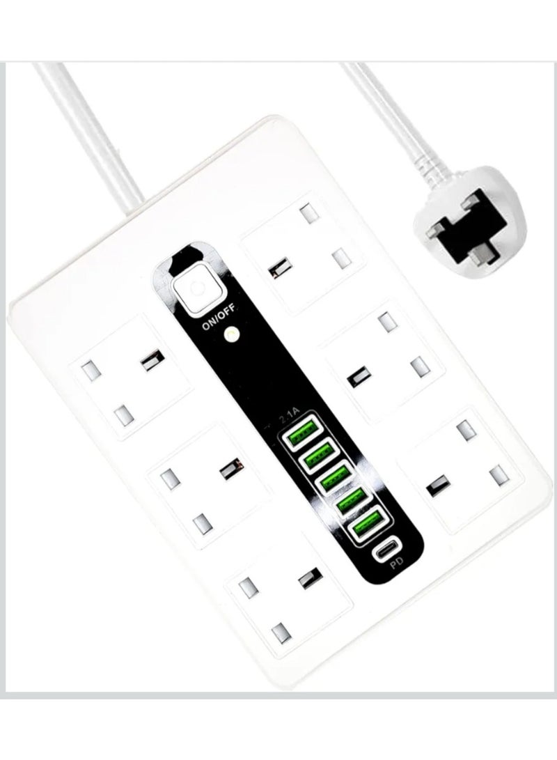 SOPANY 3 meter Power Extension Cord, All in one UK Power Extension with Type-C Fast PD Charging, 6 UK Power Plugs and 5 USB ports, Heavy Duty Extension Socket for Home Office 5M (6PW+5USB+1 PD) - Image 1