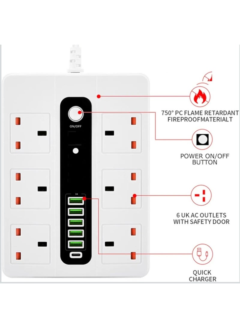 SOPANY 3 meter Power Extension Cord, All in one UK Power Extension with Type-C Fast PD Charging, 6 UK Power Plugs and 5 USB ports, Heavy Duty Extension Socket for Home Office 5M (6PW+5USB+1 PD) - Image 4