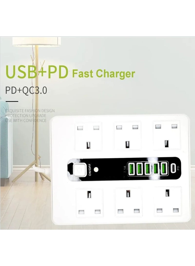 SOPANY 3 meter Power Extension Cord, All in one UK Power Extension with Type-C Fast PD Charging, 6 UK Power Plugs and 5 USB ports, Heavy Duty Extension Socket for Home Office 5M (6PW+5USB+1 PD) - Image 2