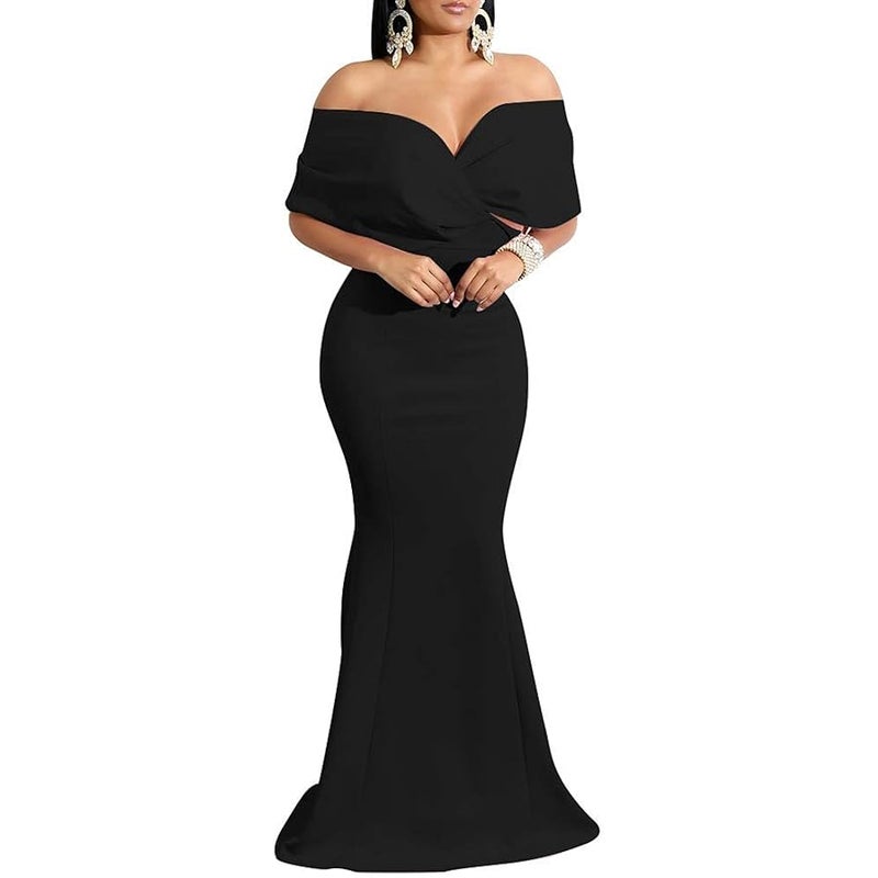 GOBLES Women Sexy V Neck Off The Shoulder Evening Gown Fishtail Maxi Dress - Image 3