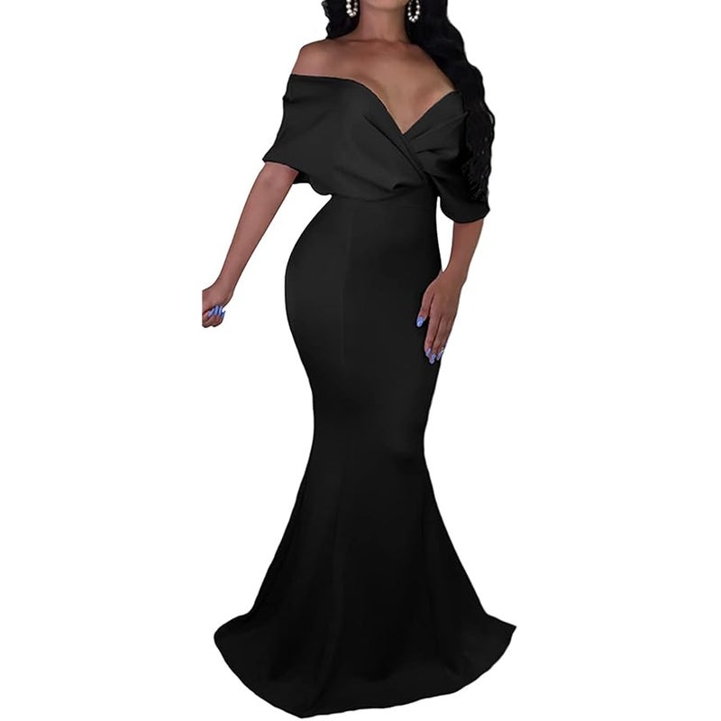 GOBLES Women Sexy V Neck Off The Shoulder Evening Gown Fishtail Maxi Dress - Image 1