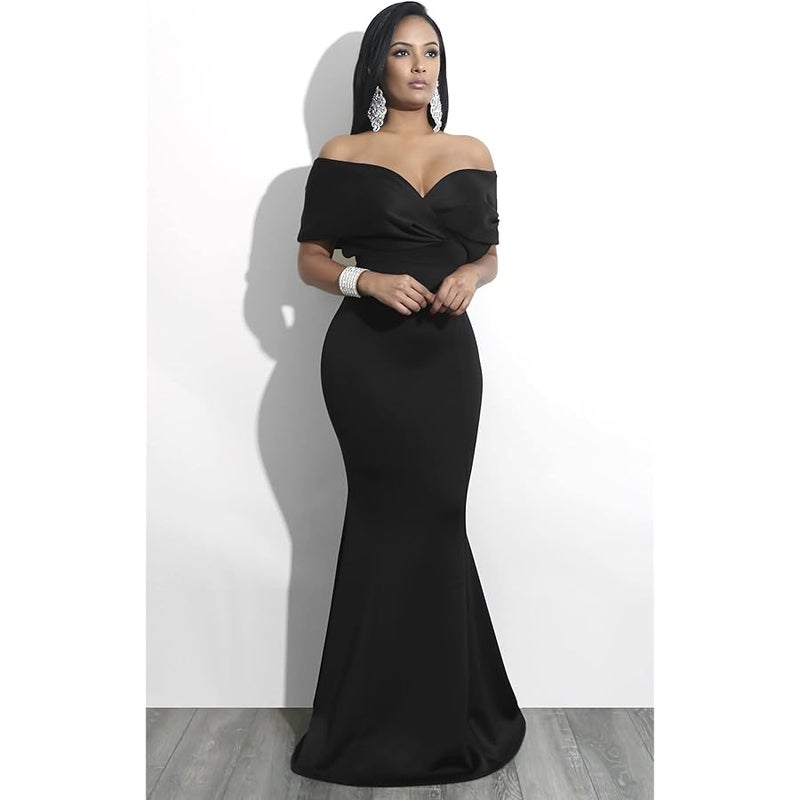 GOBLES Women Sexy V Neck Off The Shoulder Evening Gown Fishtail Maxi Dress - Image 5