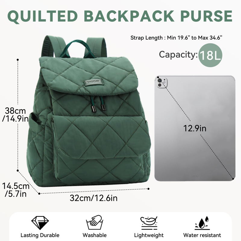 VASCHY Quilted Backpack Purse for Women, Lightweight Casual Puffer Flap Drawstring Backpack for Gym/Work/Travel/Hiking/Diaper Green - Image 2