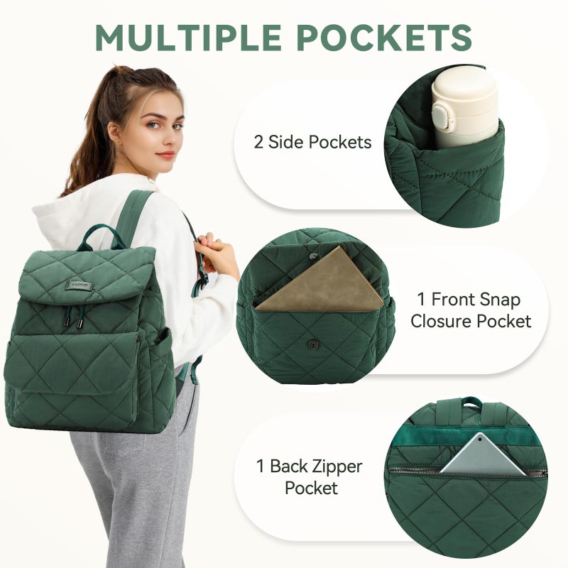 VASCHY Quilted Backpack Purse for Women, Lightweight Casual Puffer Flap Drawstring Backpack for Gym/Work/Travel/Hiking/Diaper Green - Image 3