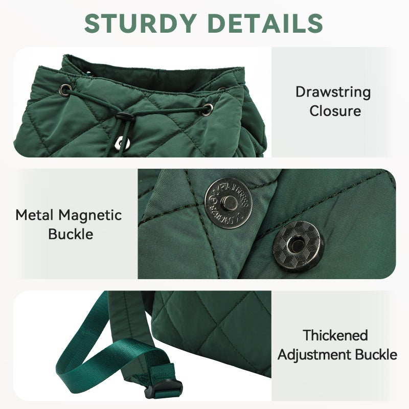 VASCHY Quilted Backpack Purse for Women, Lightweight Casual Puffer Flap Drawstring Backpack for Gym/Work/Travel/Hiking/Diaper Green - Image 4