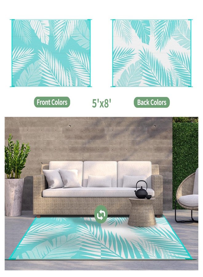 GENIMO Outdoor Rug 5' x 8' Waterproof for Patios Clearance, Reversible Outdoor Plastic Straw Camping Rug Carpet, Large Area Rugs Mats for RV, Picnic, Backyard, Deck, Balcony, Porch, Aqua Blue&White - Image 2