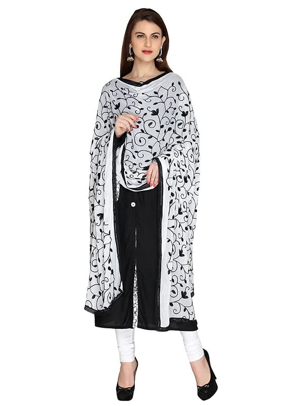 KEMZA Women's Embroidered Phulkari Chiffon Dupatta (White-Black_Free size) - Image 3
