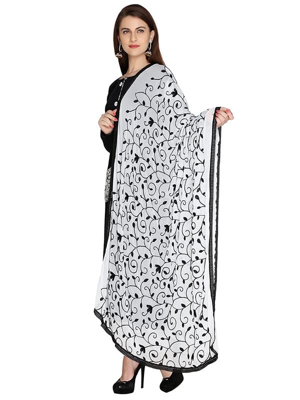 KEMZA Women's Embroidered Phulkari Chiffon Dupatta (White-Black_Free size) - Image 1