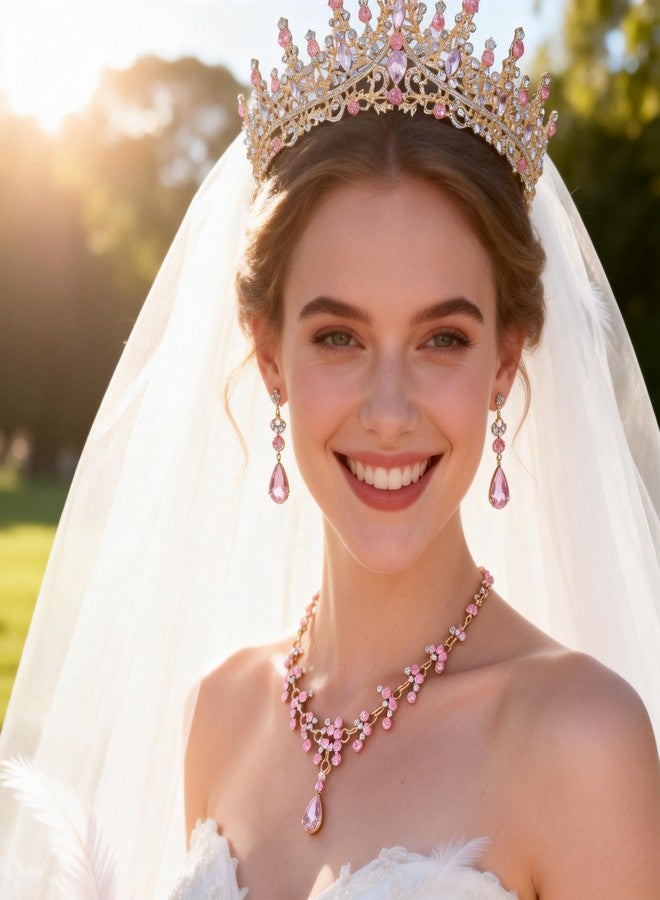 Kamirola Tiaras and Crowns for Women,Tiaras Earrings Necklace, Crystal Bridal Jewelry Set, Costume Party Halloween Prom Pageant Jewelry for Women（TR88） (Gold Pink) - Image 4