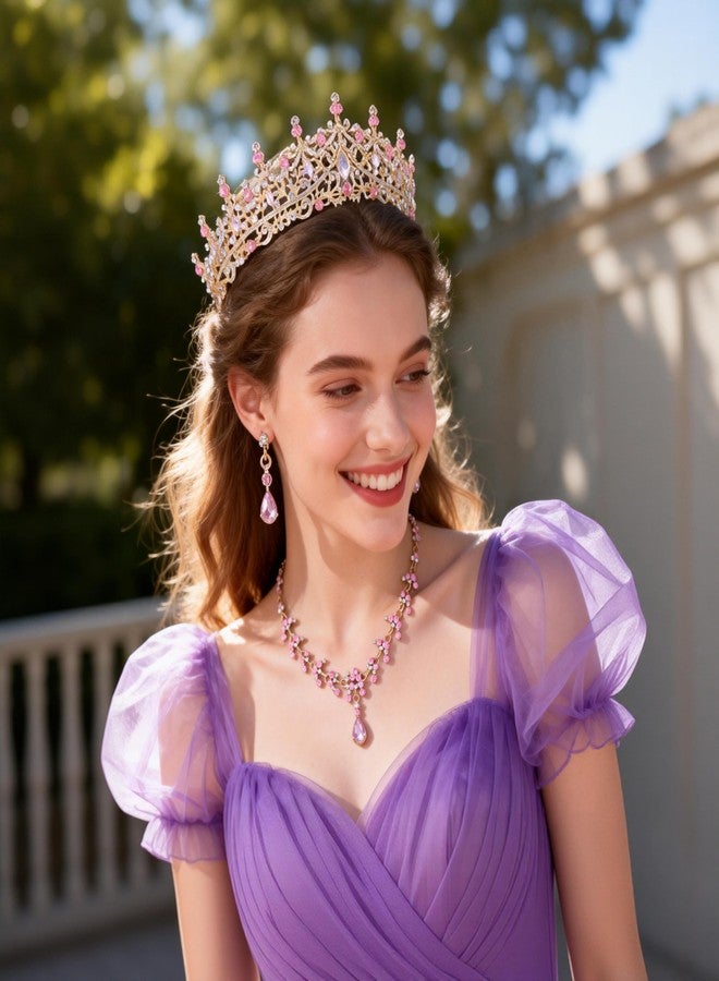 Kamirola Tiaras and Crowns for Women,Tiaras Earrings Necklace, Crystal Bridal Jewelry Set, Costume Party Halloween Prom Pageant Jewelry for Women（TR88） (Gold Pink) - Image 5