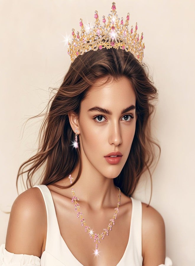 Kamirola Tiaras and Crowns for Women,Tiaras Earrings Necklace, Crystal Bridal Jewelry Set, Costume Party Halloween Prom Pageant Jewelry for Women（TR88） (Gold Pink) - Image 2