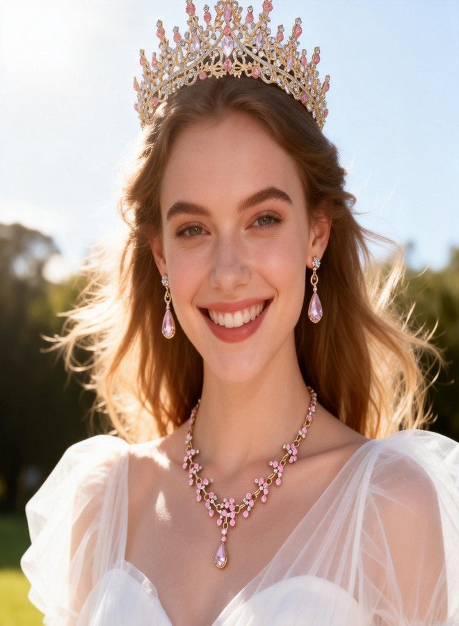 Kamirola Tiaras and Crowns for Women,Tiaras Earrings Necklace, Crystal Bridal Jewelry Set, Costume Party Halloween Prom Pageant Jewelry for Women（TR88） (Gold Pink) - Image 3