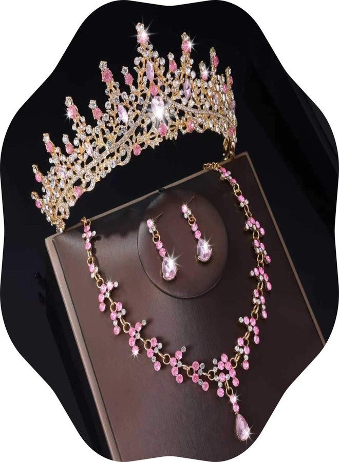 Kamirola Tiaras and Crowns for Women,Tiaras Earrings Necklace, Crystal Bridal Jewelry Set, Costume Party Halloween Prom Pageant Jewelry for Women（TR88） (Gold Pink) - Image 1
