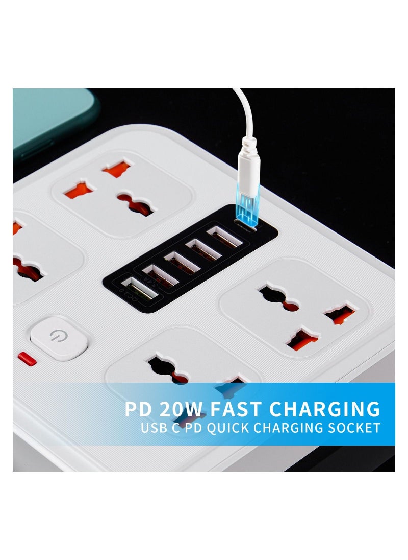 Power Socket / Power Strip / Power Extension with TYPE-C PD 20W + USB QC 3.0 Fast Charging 6 Ports, Universal Power Socket / 4-Way Power Strip / 2m Extension Cable White - Image 5