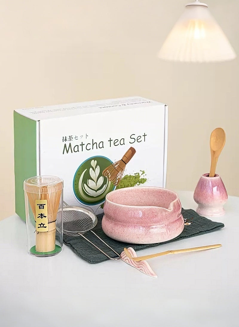 The 8-piece matcha tea set includes a matcha bowl, bamboo whisk, spoon, whisk holder, stainless steel strainer, and a complete tea-making set, perfectly showcasing the traditional matcha (kiln-fired purple). - Image 1