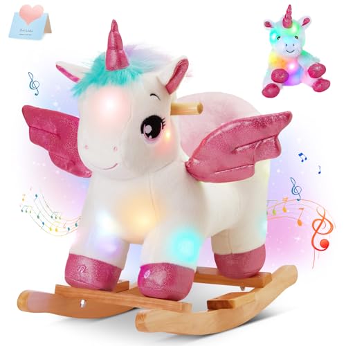 Glow Guards Light Up Musical Unicorn Baby Rocking Horse Set of 2 with Safety Belt White Unicorn Rocker Baby Rocking Chair Ride on Unicorn for Toddlers 13 - Image 1