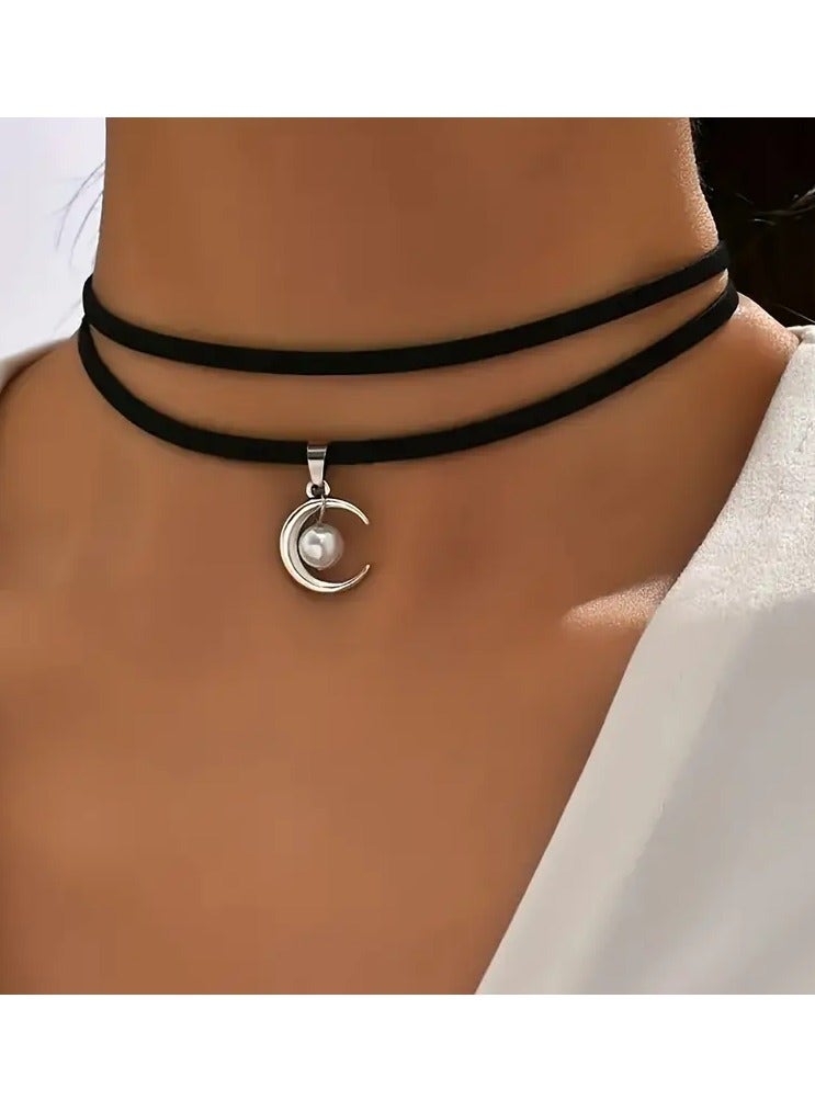 Goolsky Simple Double Layer Faux Pearl Moon Pendant Choker Necklace Female Jewelry Gift for eid, ramadan - Image 1