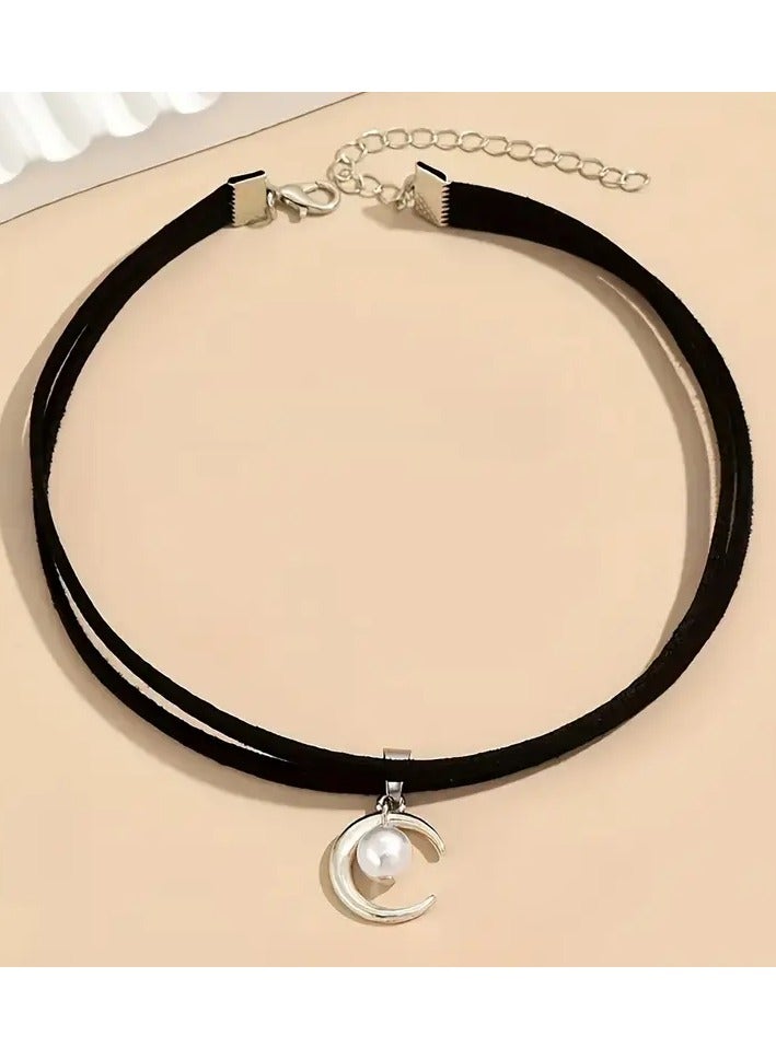 Goolsky Simple Double Layer Faux Pearl Moon Pendant Choker Necklace Female Jewelry Gift for eid, ramadan - Image 3