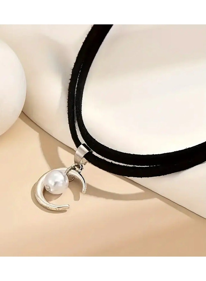 Goolsky Simple Double Layer Faux Pearl Moon Pendant Choker Necklace Female Jewelry Gift for eid, ramadan - Image 4