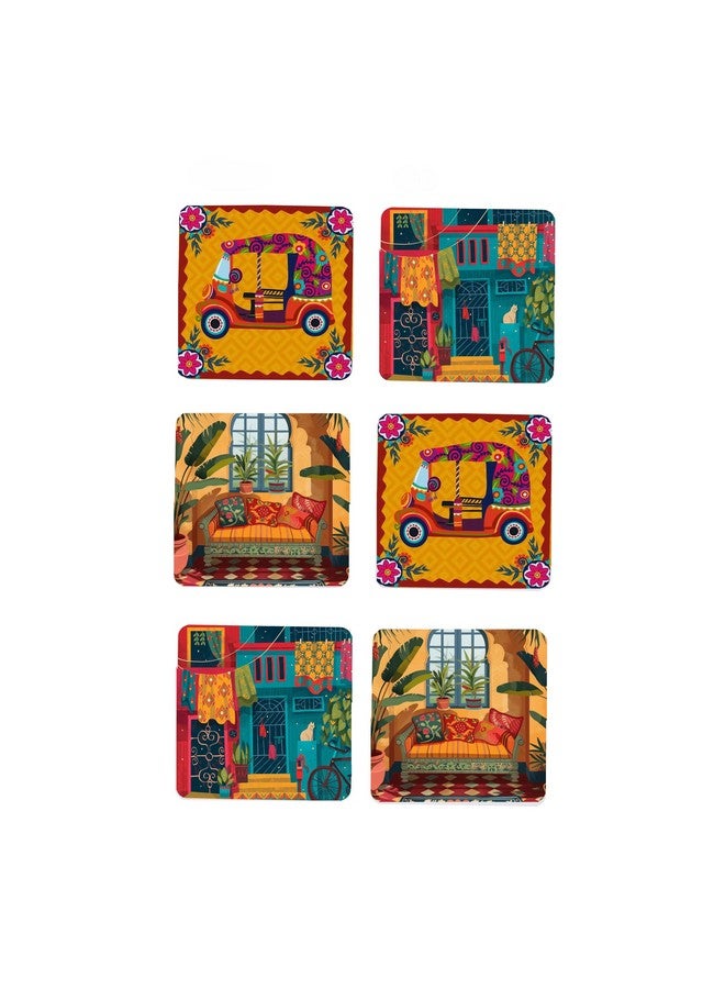 TAJNAN TAJNAN Indian Art Printed Coaster Set of 6 Beautiful Wooden Coasters with Plastic Coating Proper Coaster Stand Designer Coaster (taj-Coaster-auto-h) - Image 1