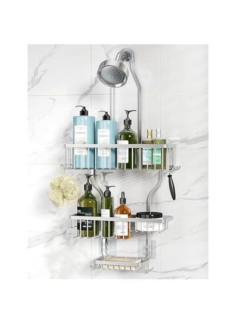 Shower Caddy Over Shower Head Never Rust Aluminum Large Hanging Shower Caddy with 10 Hooks for Razor/Sponge - Over The Shower Head Caddy with Soap Basket - Hanging Shower Organizer (Silver)