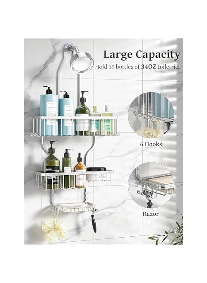 MIXDE - Shower Caddy Over Shower Head Never Rust Aluminum Large Hanging Shower Caddy with 10 Hooks for Razor/Sponge - Over The Shower Head Caddy with Soap Basket - Hanging Shower Organizer (Silver) - Image 1