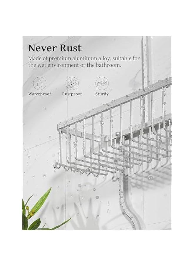 MIXDE - Shower Caddy Over Shower Head Never Rust Aluminum Large Hanging Shower Caddy with 10 Hooks for Razor/Sponge - Over The Shower Head Caddy with Soap Basket - Hanging Shower Organizer (Silver) - Image 1