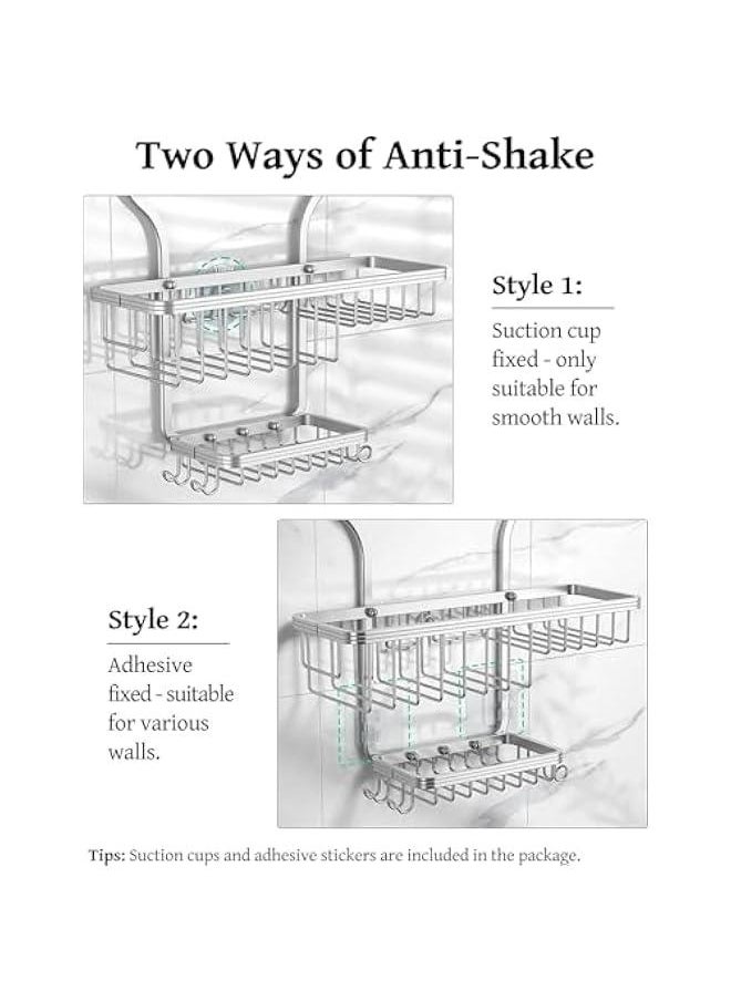 MIXDE - Shower Caddy Over Shower Head Never Rust Aluminum Large Hanging Shower Caddy with 10 Hooks for Razor/Sponge - Over The Shower Head Caddy with Soap Basket - Hanging Shower Organizer (Silver) - Image 1