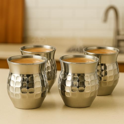 STEEPLE Insulated Stainless Steel Tea Cups Set of 4 | 170 ml Double Wall Coffee Glasses | Hammered Steel Kulhad for Chai, Milk, Juice & Water | Premium Drinking Cups for Home & Café - Image 1