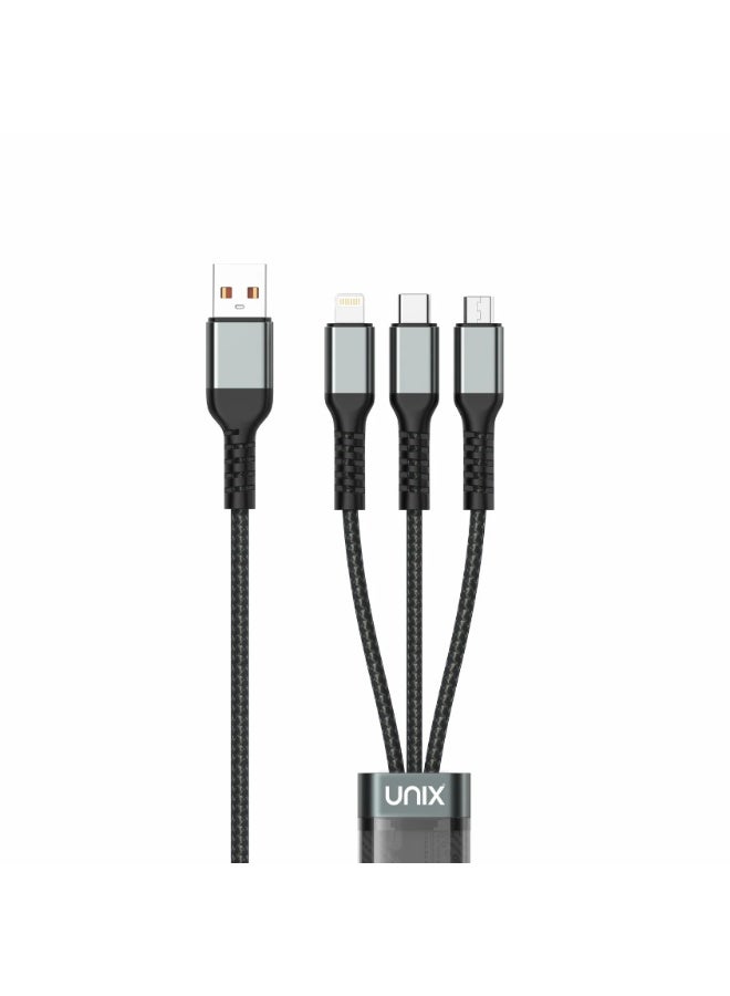 يونيكس UX-T33 كابل شحن سريع 3 في 1 | شحن سريع 100W | Type-C وMicro USB وLightning | كابل معدني مضفر بالنايلون - Image 1