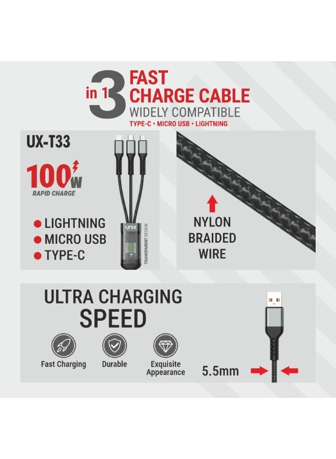 يونيكس UX-T33 كابل شحن سريع 3 في 1 | شحن سريع 100W | Type-C وMicro USB وLightning | كابل معدني مضفر بالنايلون - Image 2