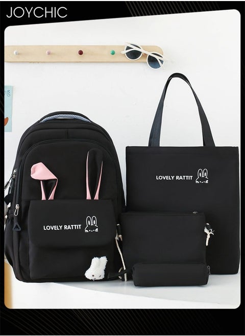 4 Piece Lovely Pattern Canvas Large Capacity School Backpack Set Multifunction Brief School Bag with Pencil Pouch for Primary Middle High Students