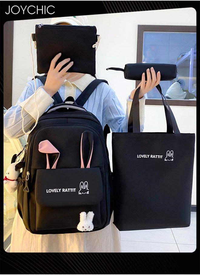 4 Piece Lovely Pattern Canvas Large Capacity School Backpack Set Multifunction Brief School Bag with Pencil Pouch for Primary Middle High Students