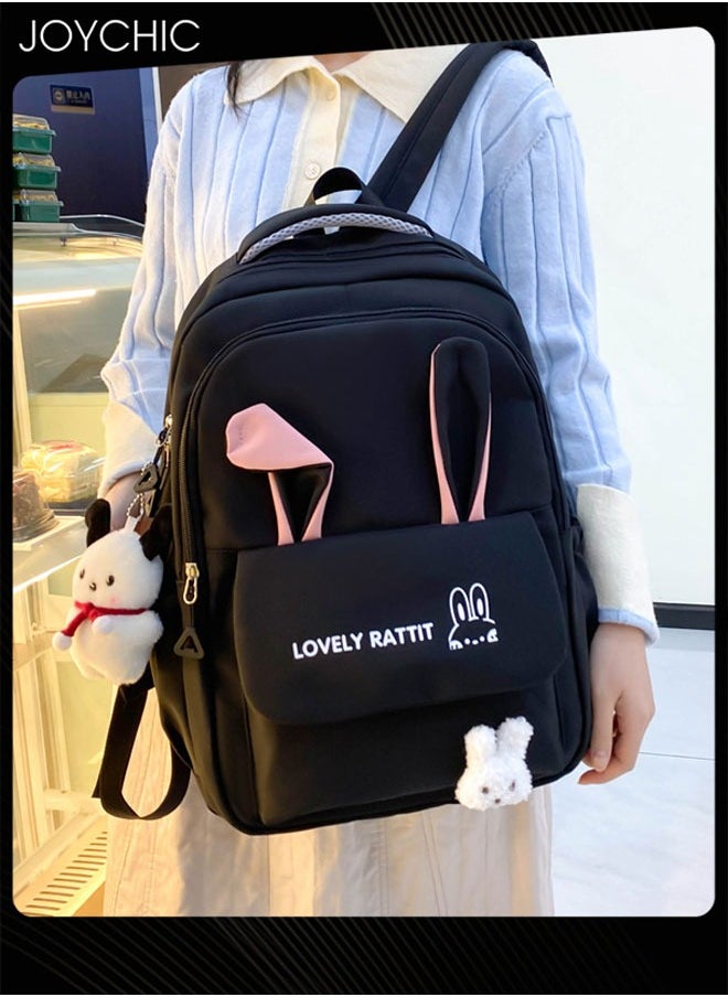 4 Piece Lovely Pattern Canvas Large Capacity School Backpack Set Multifunction Brief School Bag with Pencil Pouch for Primary Middle High Students