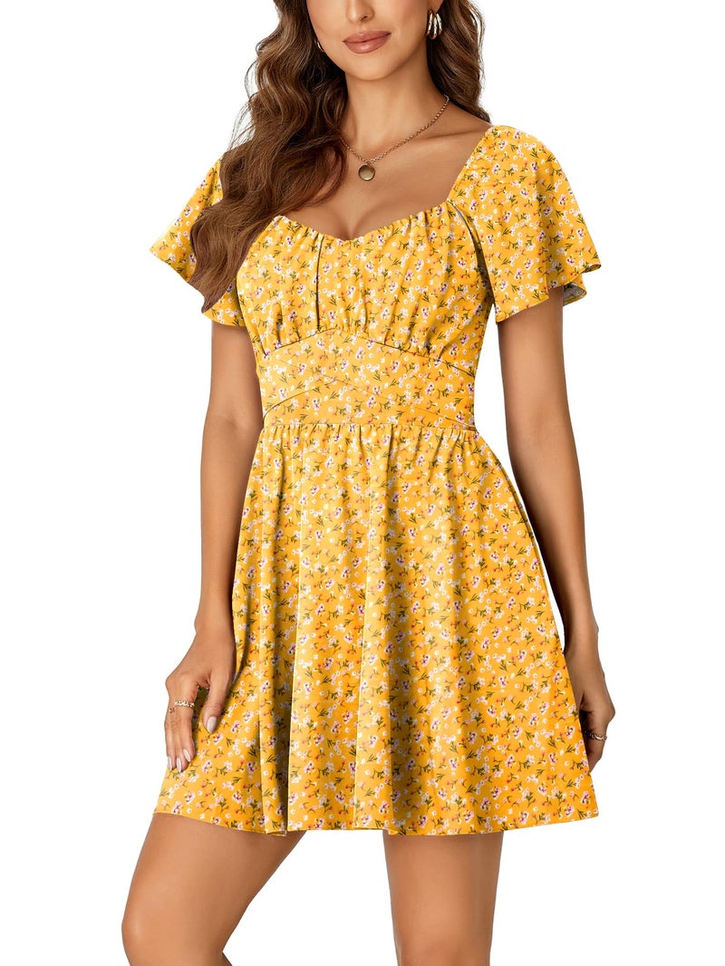 Rooscier Women's Tie Back Square Neck Ruffle Wrap Short Sleeve Flare Mini Dress Yellow Floral Medium - Image 3