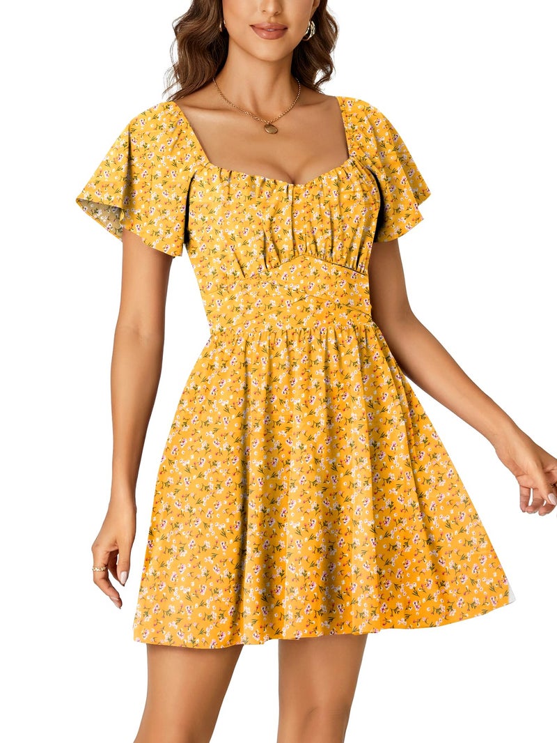 Rooscier Women's Tie Back Square Neck Ruffle Wrap Short Sleeve Flare Mini Dress Yellow Floral Medium - Image 4