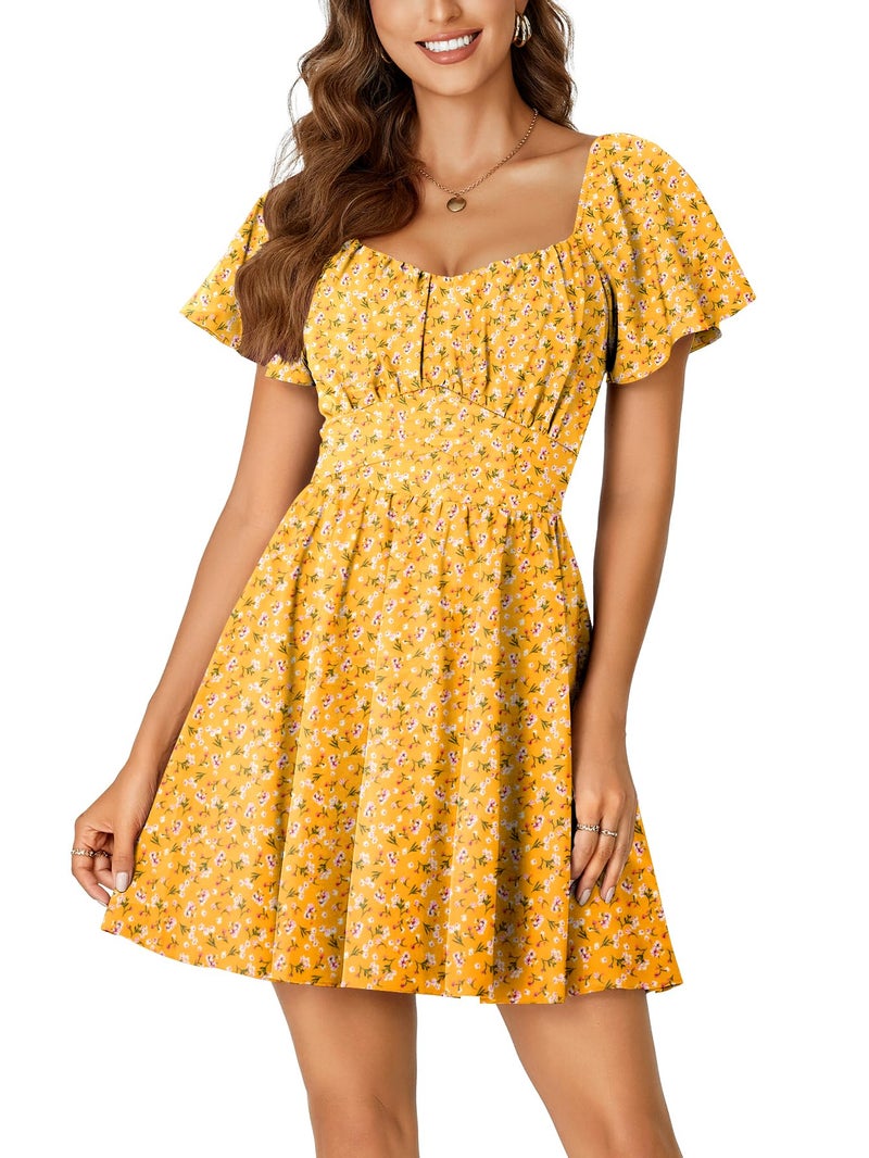 Rooscier Women's Tie Back Square Neck Ruffle Wrap Short Sleeve Flare Mini Dress Yellow Floral Medium - Image 2