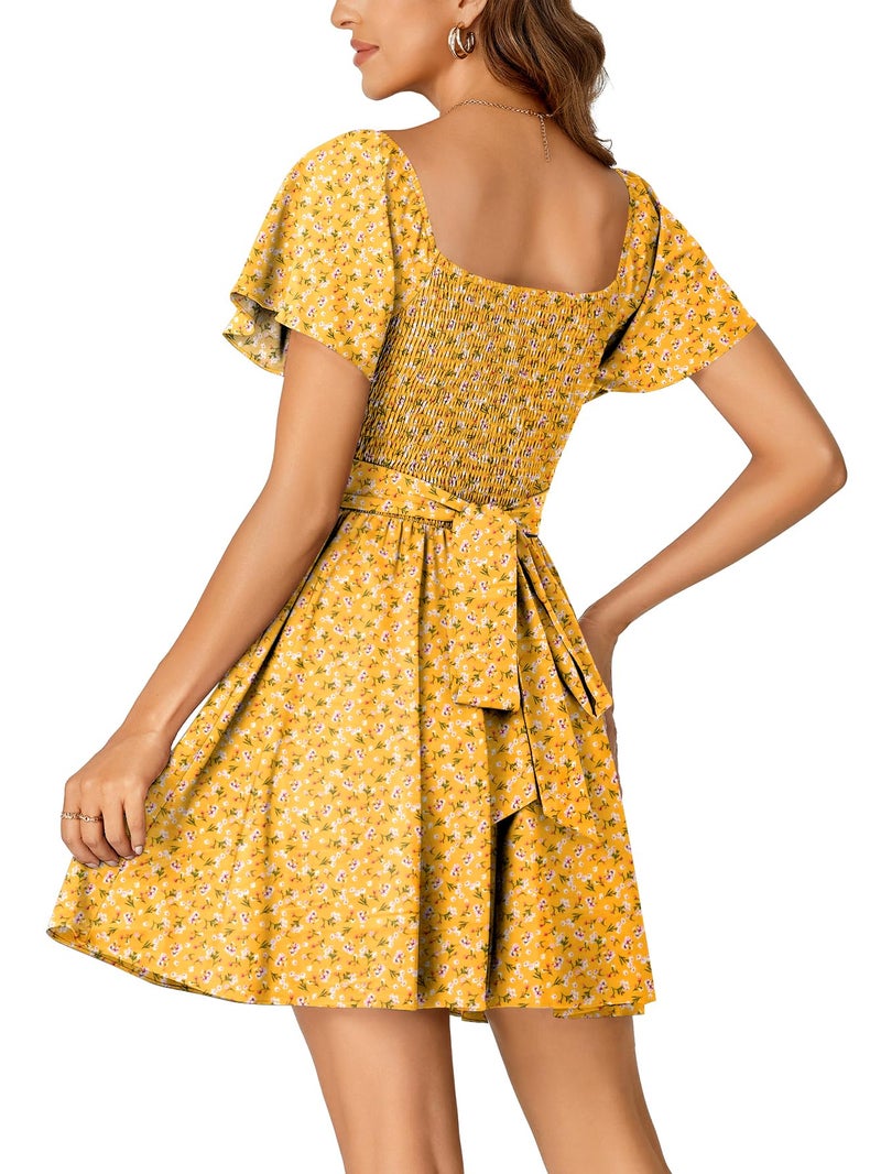 Rooscier Women's Tie Back Square Neck Ruffle Wrap Short Sleeve Flare Mini Dress Yellow Floral Medium - Image 5