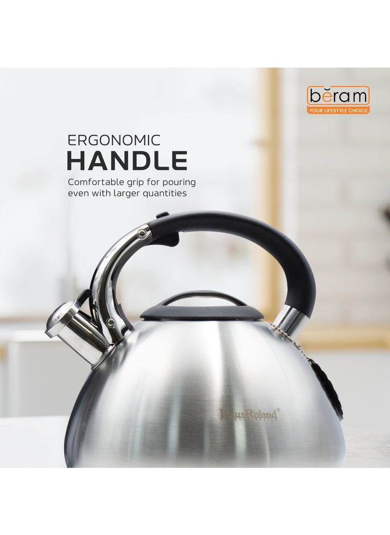 HausRoland - Whistling Kettle, 5L Stainless Steel Tea Kettle, Teapot, Heat Resistant Handle, Ergonomic Pouring Spout, Compatible with Gas, Electric, Hot Plate, Halogen, Ceramic Tops, Kitchen Utensils - Image 1