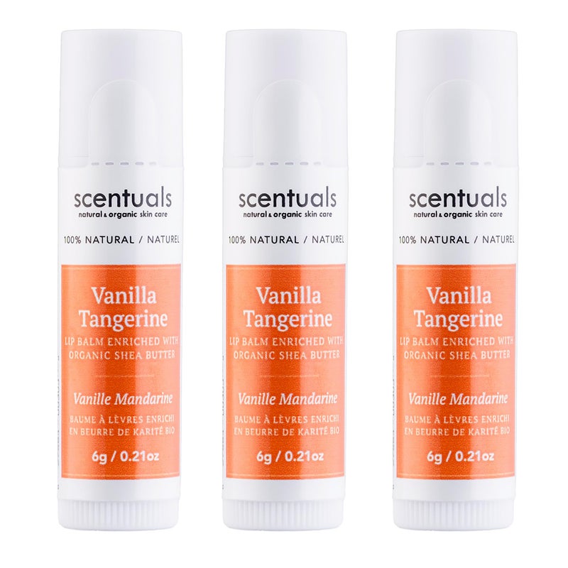 Scentuals Lip Balm Vanilla Tangerine Set of 3, Made with Shea Butter, Cocoa Butter, Avocado & Jojoba oil, Beeswax, Vitamin E and Essential oil, Moisturizing Lip Care, Cruelty Free Hydration, Natural (3 Pack) - Image 1