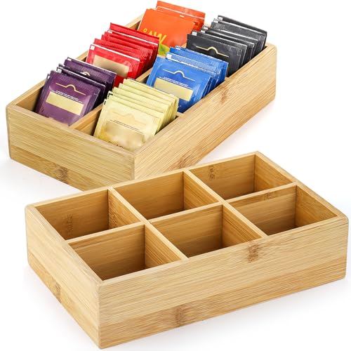 Dicunoy Dicunoy 2 Pack Bamboo Tea Bag Organizer Wood Hot Tea Bag Drawer Storage Organizer Holder with 6 Compartments Tea Chest Box for Coffee Station Sugar Packet Sweeteners Small Packets 