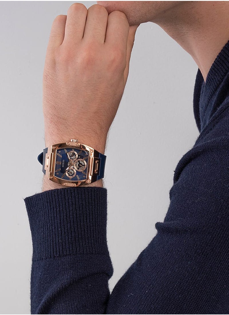 GUESS - ساعة جيس للرجال بإطار ذهبي وردي وجلد أصلي أزرق GW0202G4 - Image 1