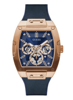 GUESS ساعة جيس للرجال بإطار ذهبي وردي وجلد أصلي أزرق GW0202G4  - Image 1