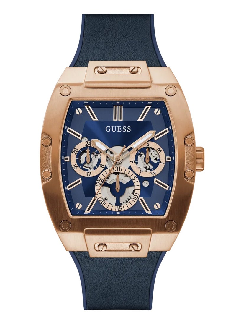 GUESS - ساعة جيس للرجال بإطار ذهبي وردي وجلد أصلي أزرق GW0202G4 - Image 1